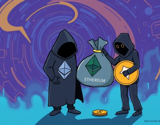 A cartoon illustration showing a large Richard Heart ETH transfer moving into a mixing service, symbolizing privacy and significant crypto movements.