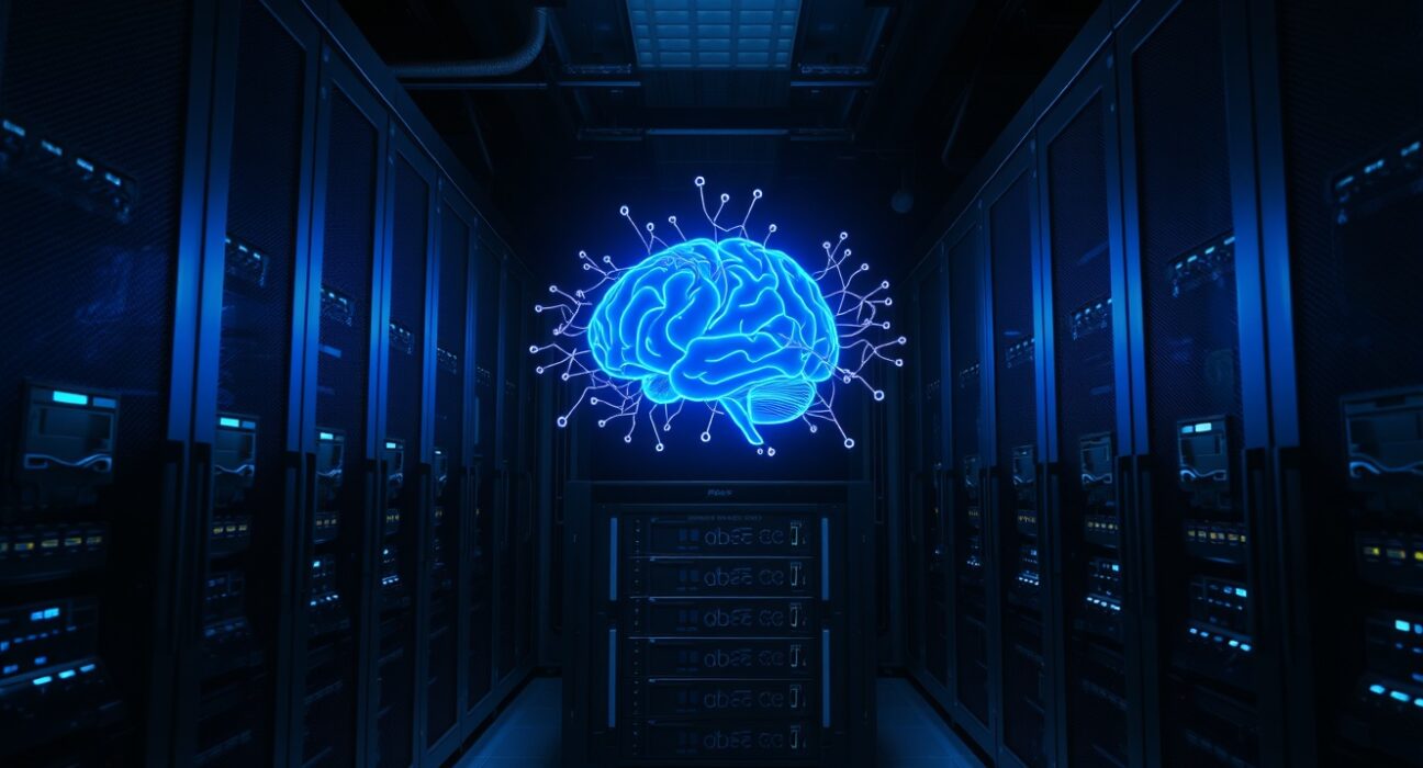 Holographic brain over server racks representing recursive self-improving AI at Recursive Superintelligence startup