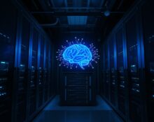 Holographic brain over server racks representing recursive self-improving AI at Recursive Superintelligence startup