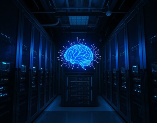 Holographic brain over server racks representing recursive self-improving AI at Recursive Superintelligence startup