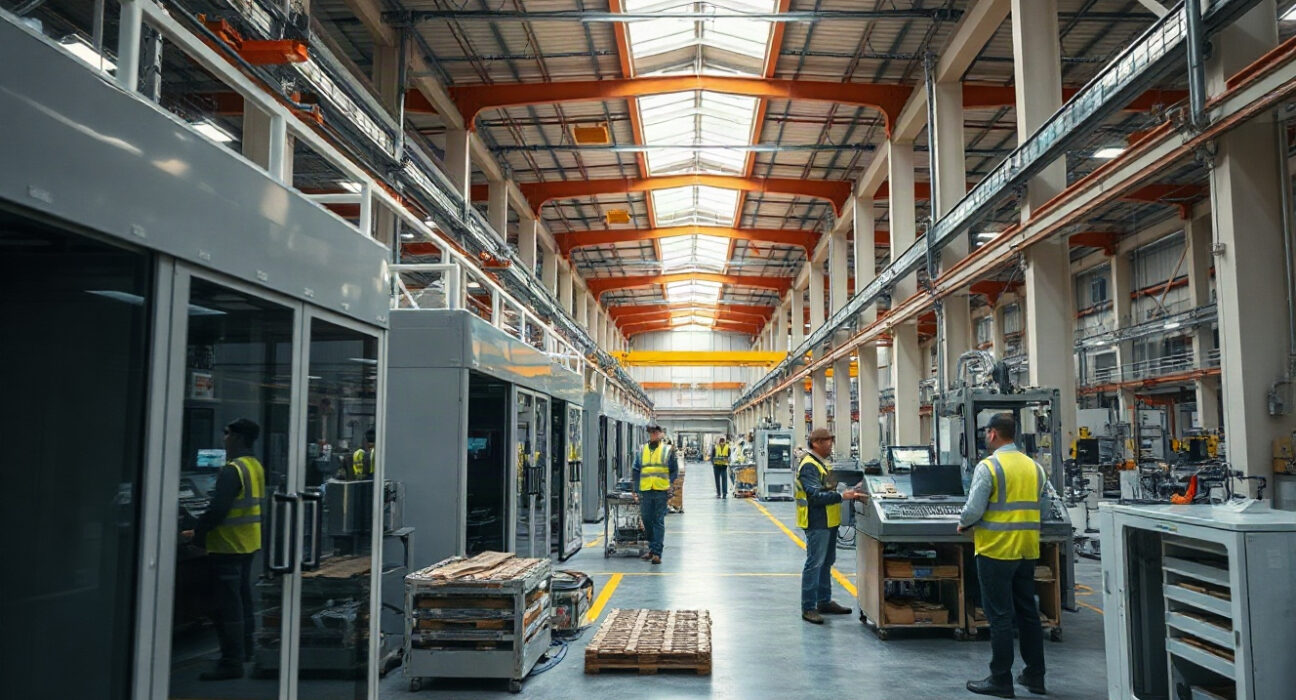 Inside a modern manufacturing facility with automated machinery and workers, representing industrial activity.