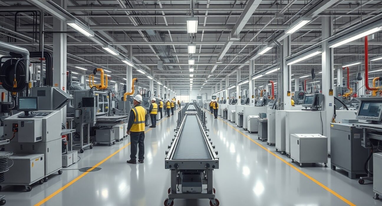 Interior of a modern manufacturing facility with assembly lines and workers, representing the Richmond Fed Manufacturing Index.