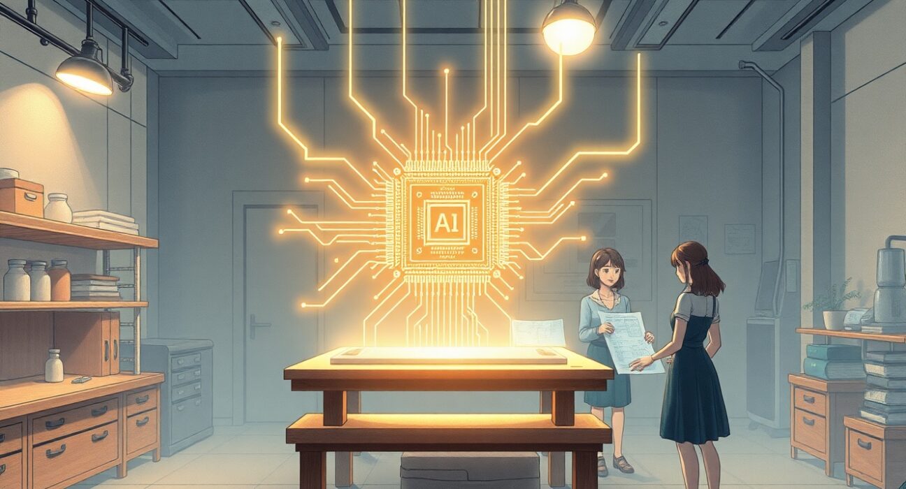 Ricursive Intelligence AI designing a futuristic computer chip in a Ghibli-style laboratory