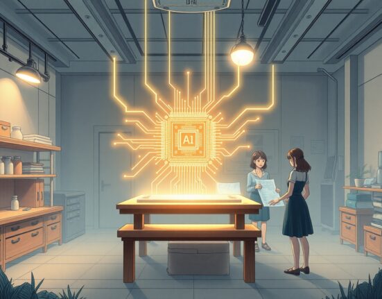 Ricursive Intelligence AI designing a futuristic computer chip in a Ghibli-style laboratory