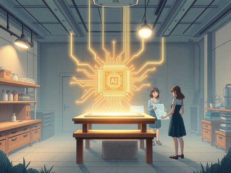Ricursive Intelligence AI designing a futuristic computer chip in a Ghibli-style laboratory