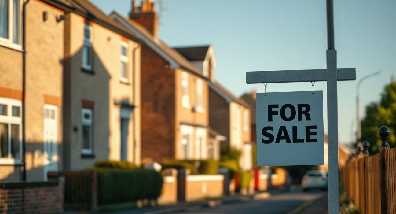 For Sale sign in front of UK homes on a sunny August day
