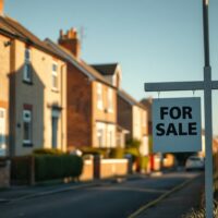 For Sale sign in front of UK homes on a sunny August day