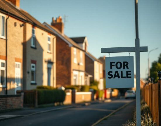 For Sale sign in front of UK homes on a sunny August day
