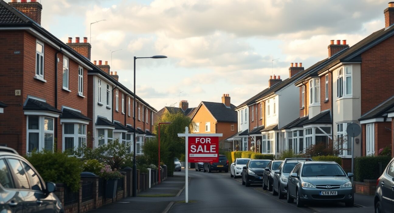 Residential street in a British suburb with a For Sale sign in front of a house under a partly cloudy sky.