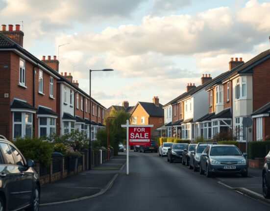 Residential street in a British suburb with a For Sale sign in front of a house under a partly cloudy sky.