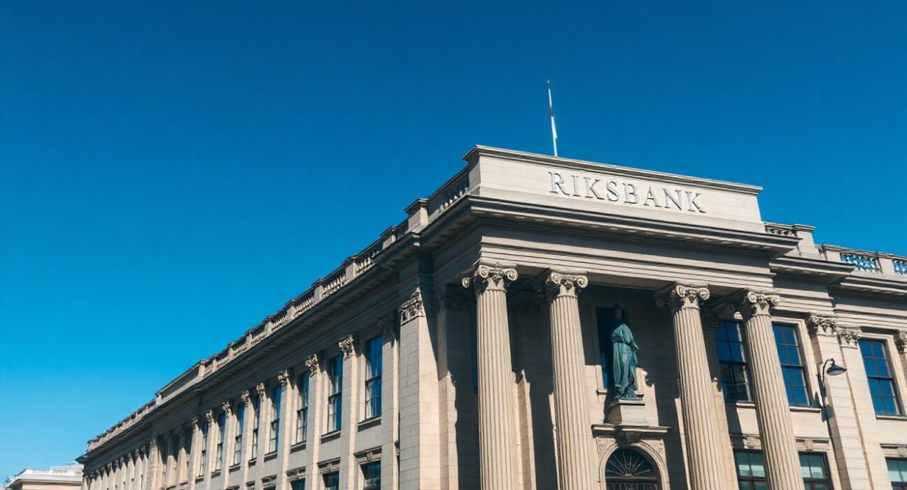 Riksbank headquarters in Stockholm, Sweden, on a sunny day.