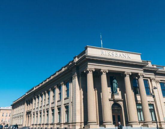 Riksbank headquarters in Stockholm, Sweden, on a sunny day.