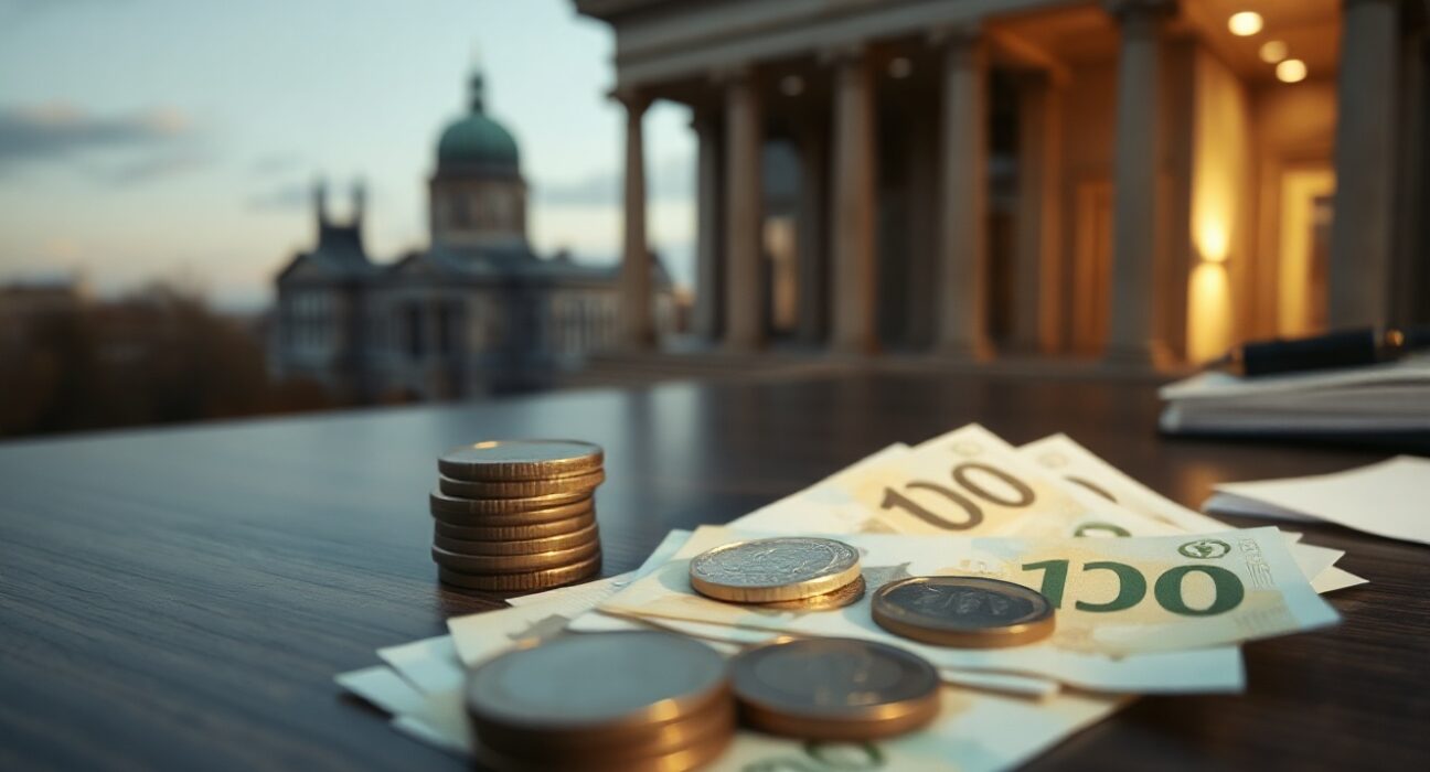 Swedish Krona banknotes and coins on a desk with a blurred financial district background
