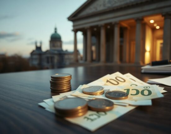 Swedish Krona banknotes and coins on a desk with a blurred financial district background