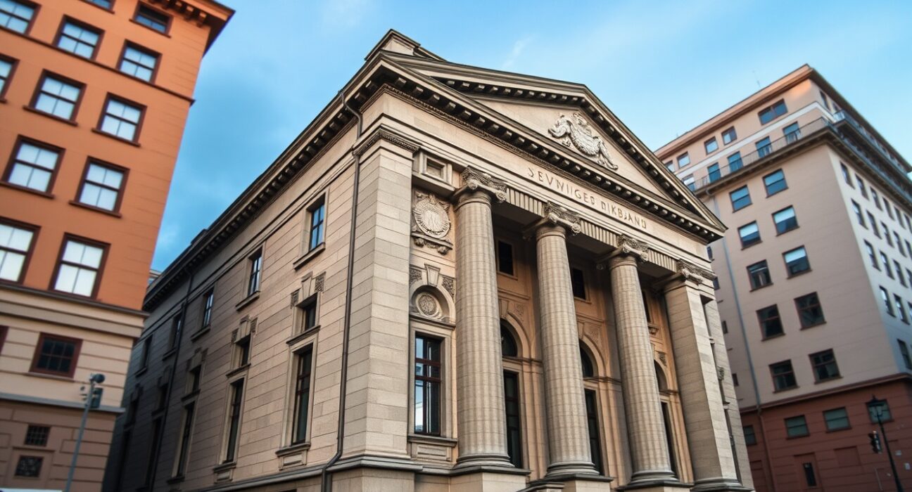 Sveriges Riksbank building representing Swedish central bank monetary policy decisions affecting the SEK.