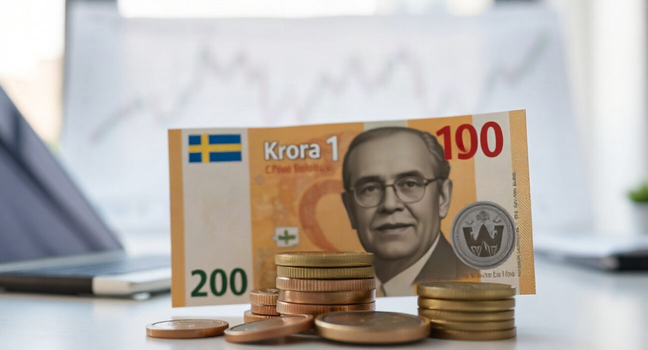 Swedish Krona banknotes and coins with a financial chart in the background, symbolizing currency analysis.