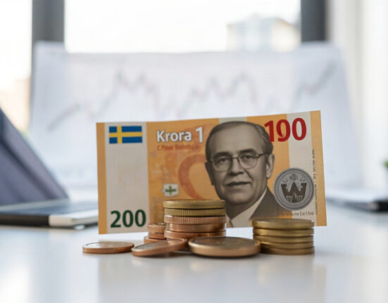 Swedish Krona banknotes and coins with a financial chart in the background, symbolizing currency analysis.