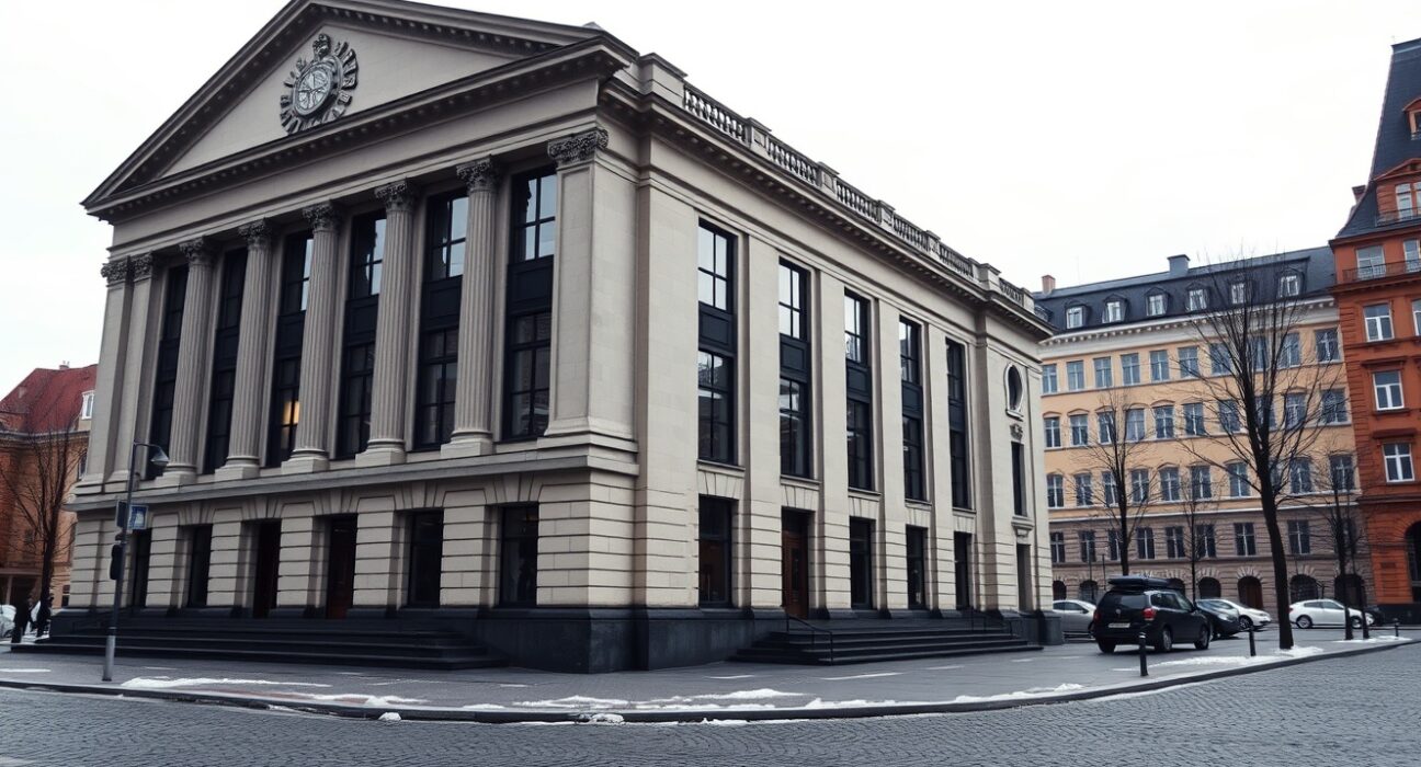Exterior of the Riksbank building in Stockholm on a cloudy day