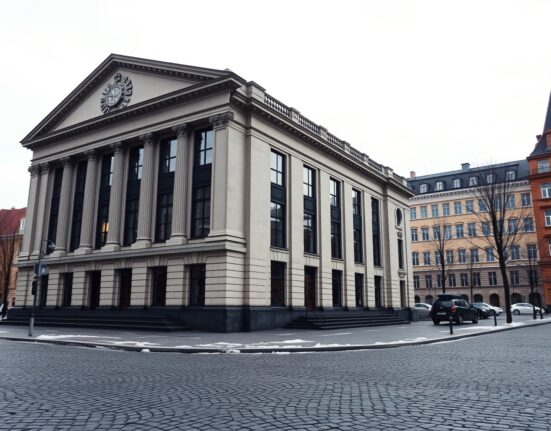Exterior of the Riksbank building in Stockholm on a cloudy day