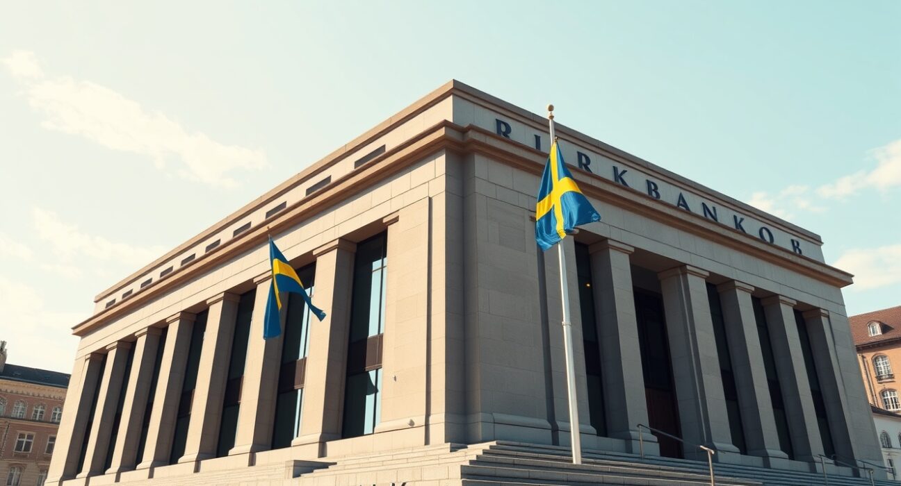 Riksbank headquarters building representing Sweden's central bank monetary policy decisions affecting the Swedish krona.