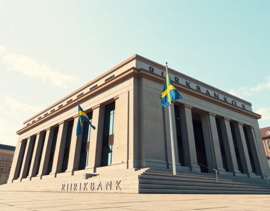 Riksbank headquarters building representing Sweden's central bank monetary policy decisions affecting the Swedish krona.