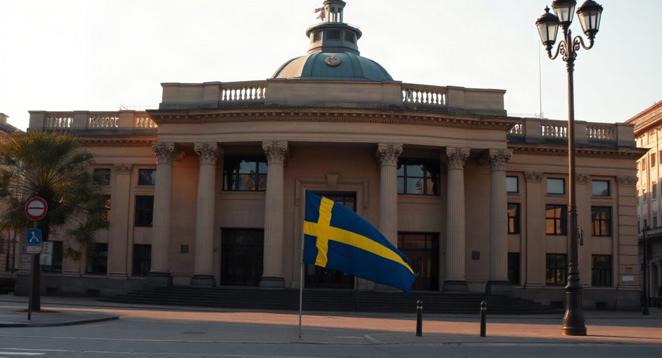 Riksbank headquarters in Stockholm, Sweden, with Swedish flag, representing central bank policy and Swedish krona outlook.