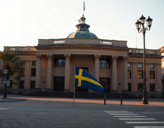 Riksbank headquarters in Stockholm, Sweden, with Swedish flag, representing central bank policy and Swedish krona outlook.