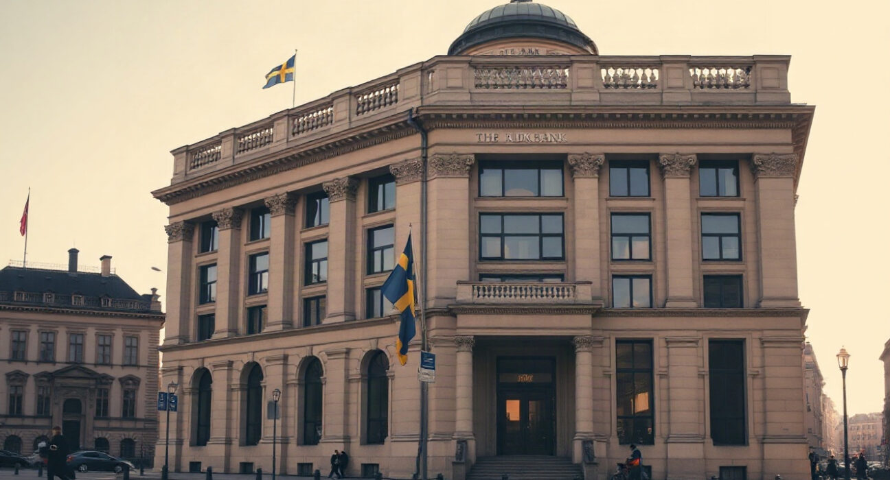 Riksbank headquarters in Stockholm, Sweden, where the central bank's monetary policy decisions are made.