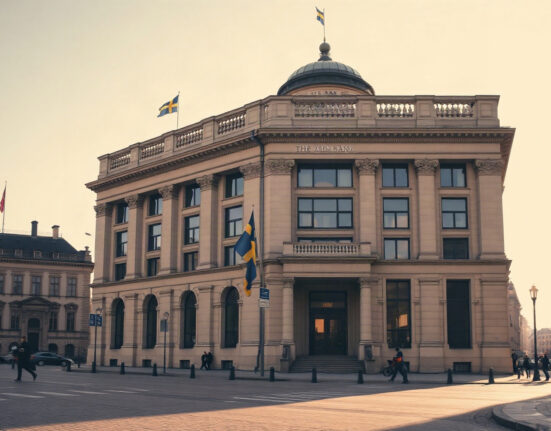 Riksbank headquarters in Stockholm, Sweden, where the central bank's monetary policy decisions are made.