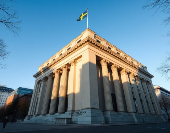 Riksbank headquarters in Stockholm where Swedish central bank maintains interest rates amid energy market uncertainty