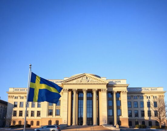 Swedish central bank headquarters in Stockholm on a clear day