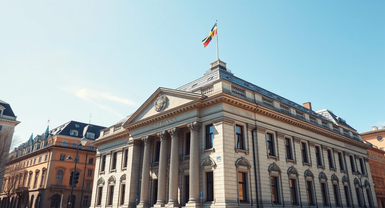 Riksbank headquarters in Stockholm representing Swedish central bank monetary policy decisions