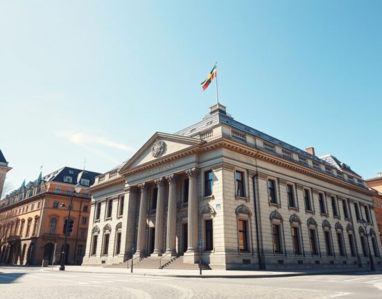 Riksbank headquarters in Stockholm representing Swedish central bank monetary policy decisions