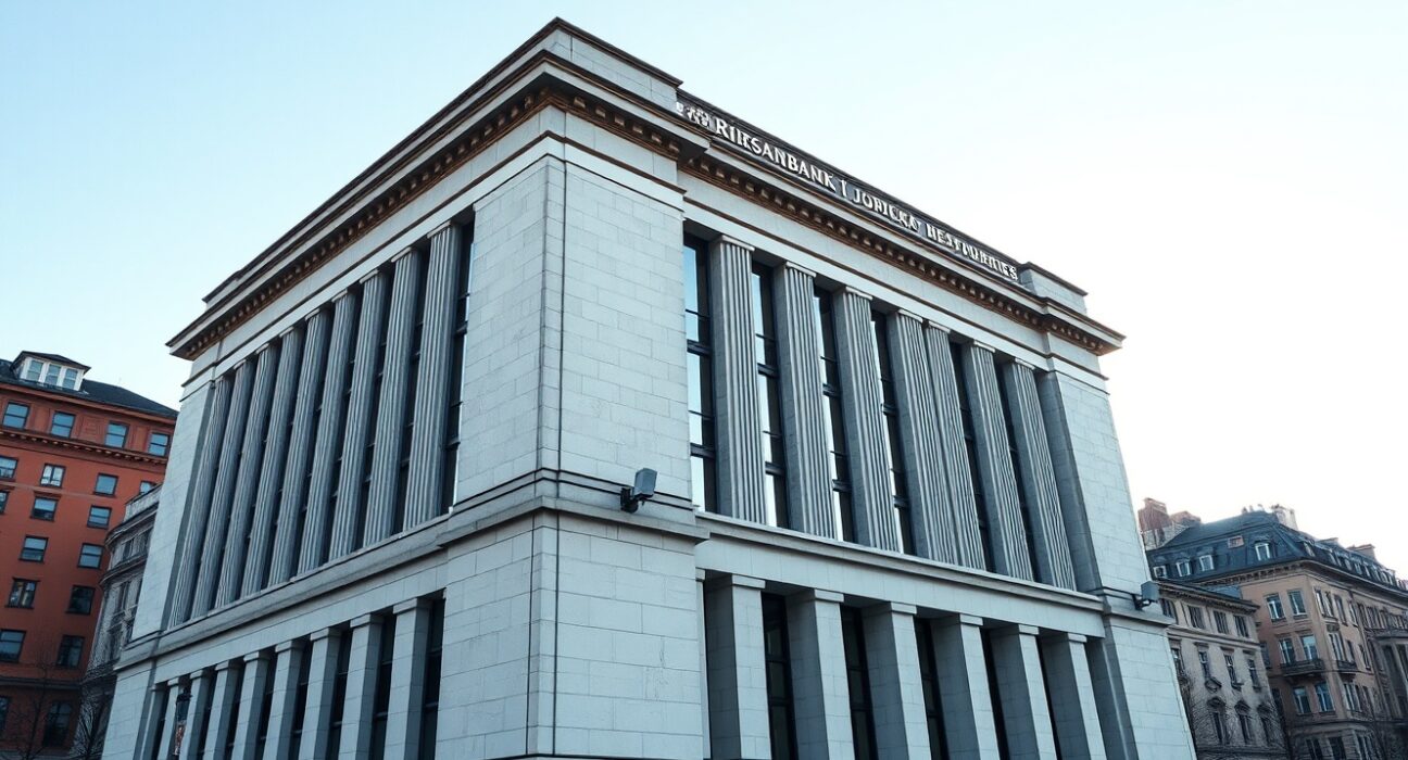 Riksbank headquarters in Stockholm representing Swedish monetary policy decisions affecting the SEK.