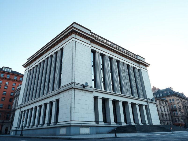 Riksbank headquarters in Stockholm representing Swedish monetary policy decisions affecting the SEK.