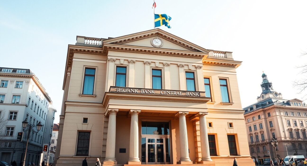 Riksbank headquarters in Stockholm where Sweden's central bank makes monetary policy decisions amid geopolitical uncertainty