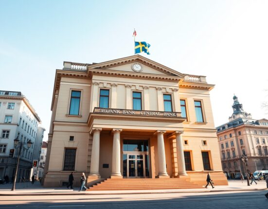 Riksbank headquarters in Stockholm where Sweden's central bank makes monetary policy decisions amid geopolitical uncertainty