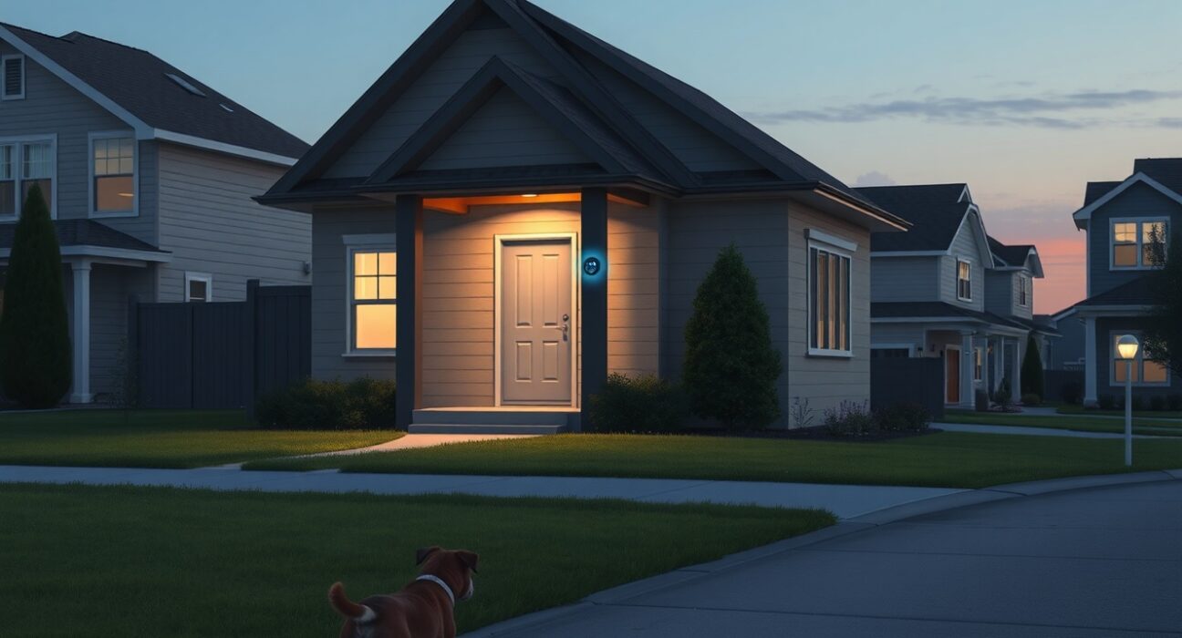 Ring doorbell camera on a home at dusk, representing surveillance and privacy concerns in