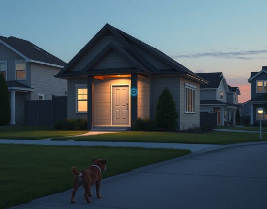Ring doorbell camera on a home at dusk, representing surveillance and privacy concerns in