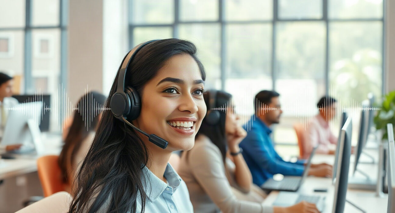 Ringg voice AI startup team in a modern Indian office, with agents on headsets and digital voice elements