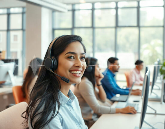 Ringg voice AI startup team in a modern Indian office, with agents on headsets and digital voice elements