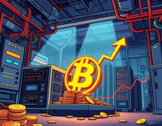 A vibrant cartoon illustration showing a successful Bitcoin mining operation, symbolizing Riot Platforms' Q2 profit despite rising costs.