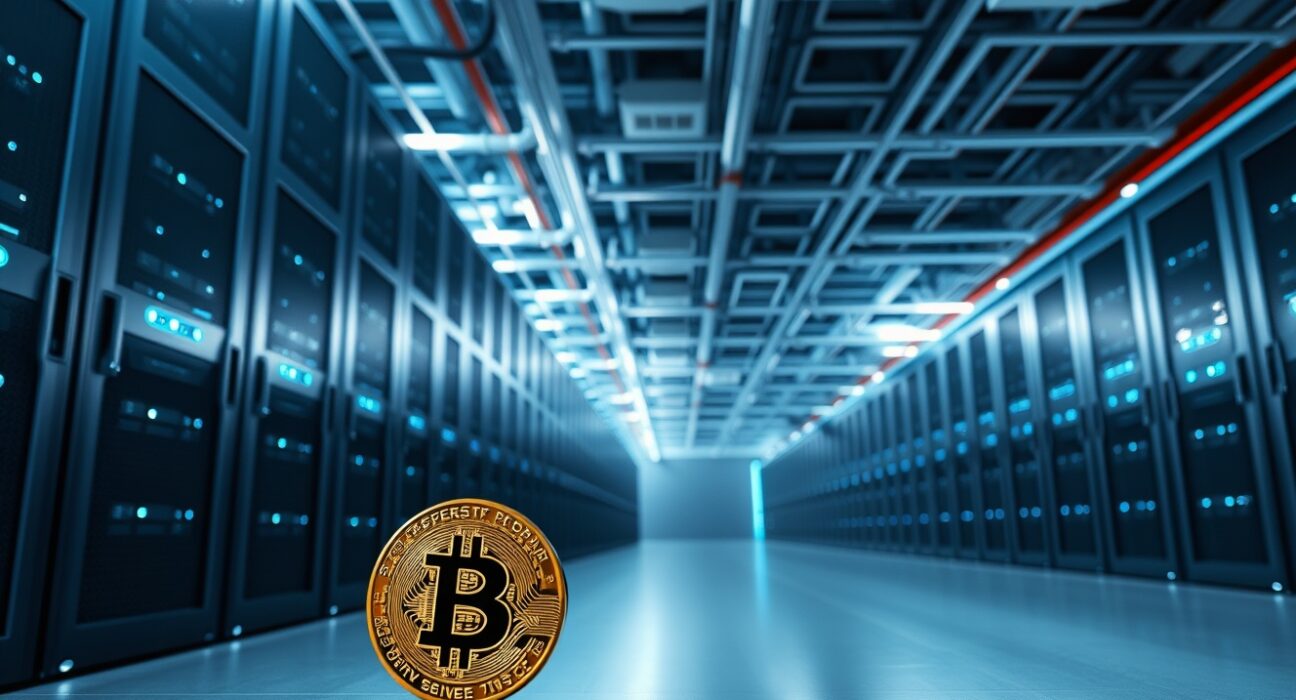 Riot Blockchain data center interior with Bitcoin coin symbolizing Q1 2026 revenue growth from mining and data center business.