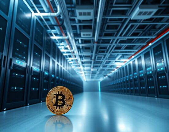 Riot Blockchain data center interior with Bitcoin coin symbolizing Q1 2026 revenue growth from mining and data center business.