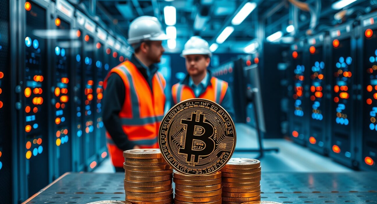 Bitcoin mining facility interior with ASIC machines and stacks of Bitcoin coins