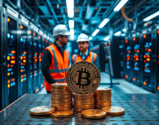 Bitcoin mining facility interior with ASIC machines and stacks of Bitcoin coins