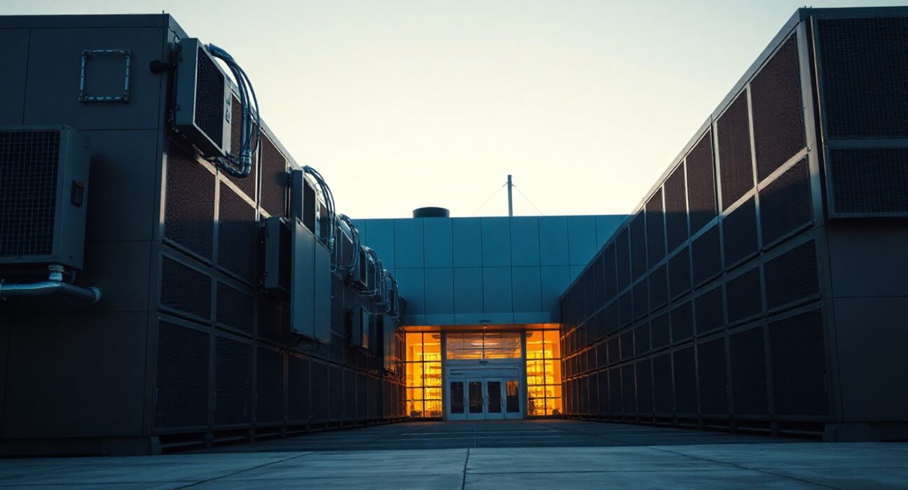 Exterior view of a large data center facility at dusk, representing Riot Platforms' Rockdale campus.