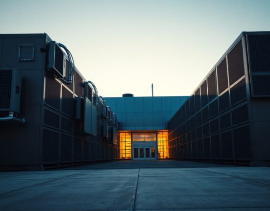 Exterior view of a large data center facility at dusk, representing Riot Platforms' Rockdale campus.
