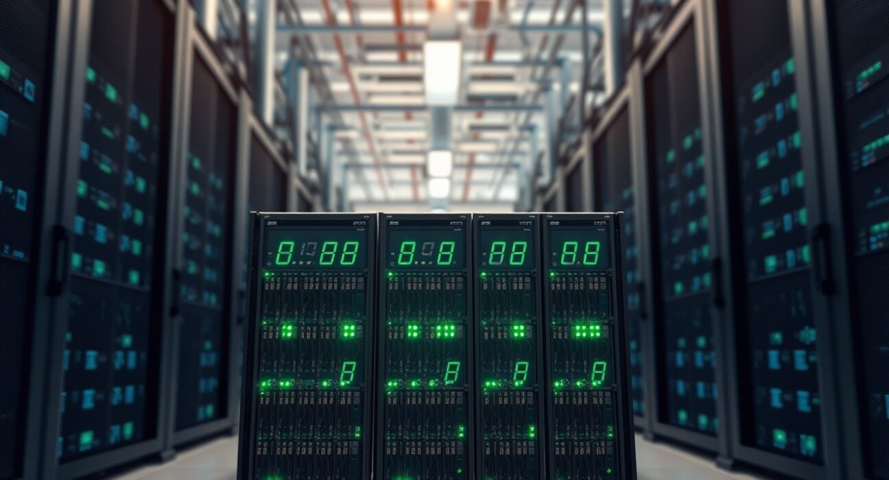 Industrial Bitcoin mining facility with active ASIC miners representing Riot Platforms operations