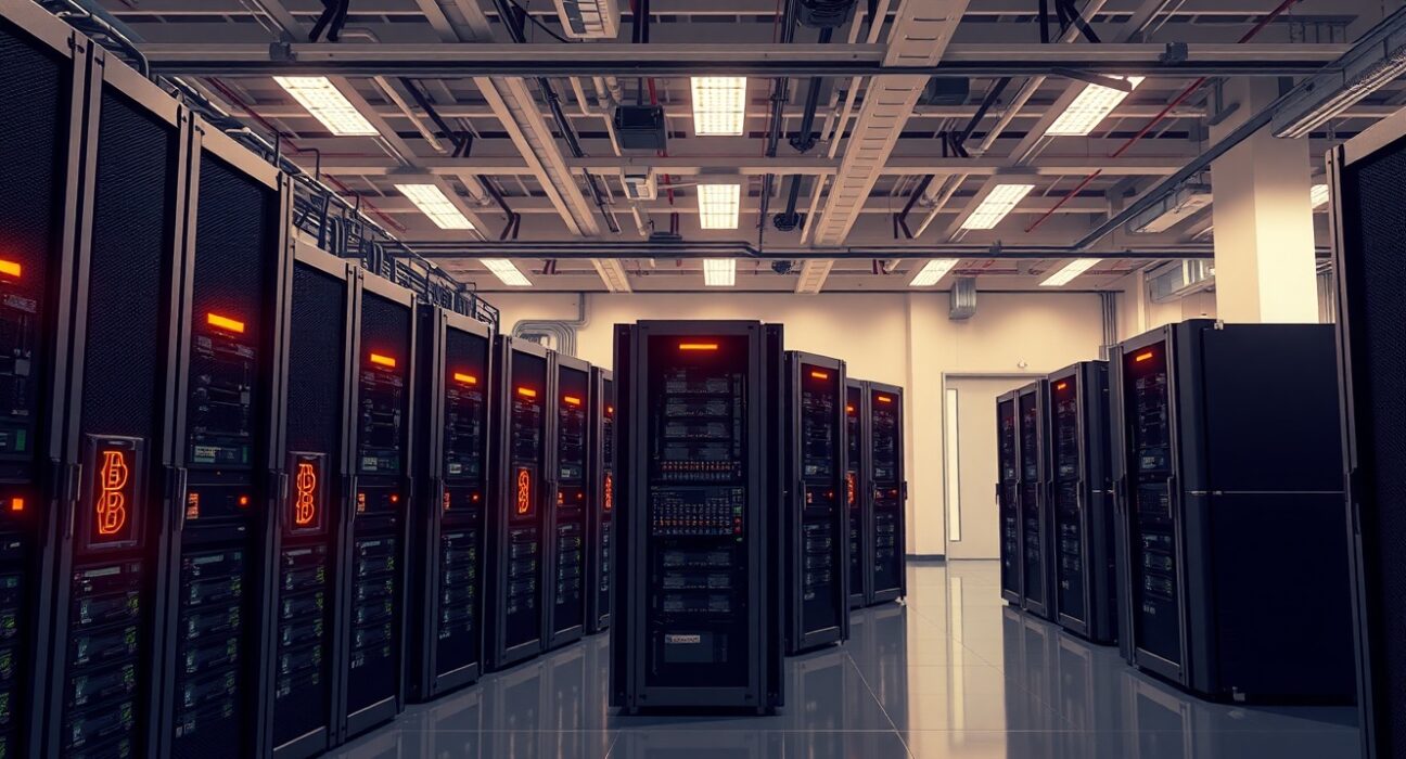Riot Platforms Bitcoin mining facility with rows of active ASIC miners.